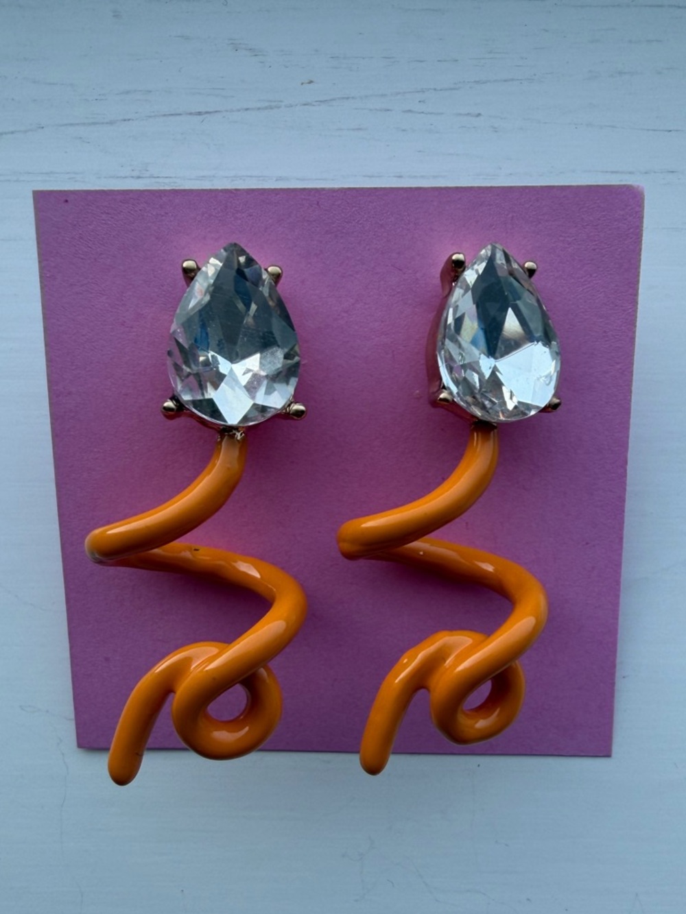 Orange Enamel Spiral Squiggle Drop Earrings with White Teardrop Stone